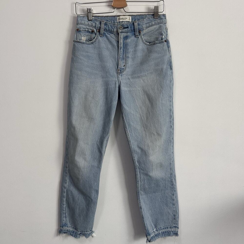 Abercrombie High Rise Mom Jeans 4R 27 Button Fly‎ Raw Hem 28x27 Blue High Rise